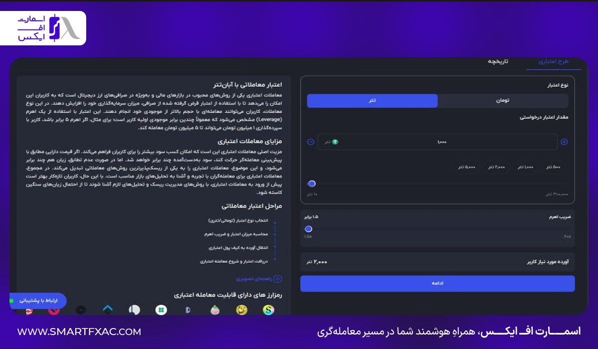 صفحه اعتبار معاملاتی صرافی آبان تتر شامل انتخاب نوع اعتبار، مبلغ و اهرم معامله