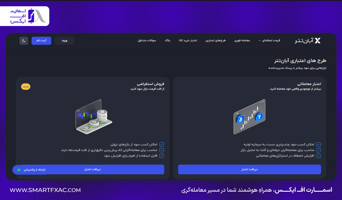 نمای طرح‌های اعتباری صرافی آبان تتر شامل فروش استقراضی و اعتبار معاملاتی