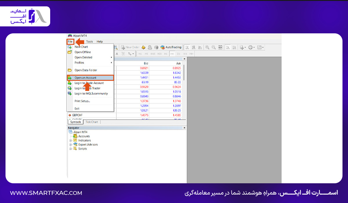 روش ساخت حساب آزمایشی (دمو) در متاتریدر : انتخاب گزینه Open an Account