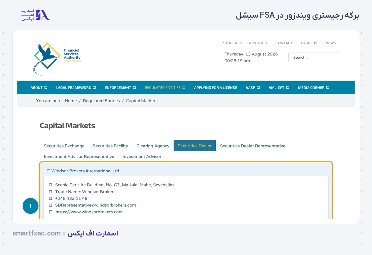 برگه رجیستری بروکر ویندزور در سازمان خدمات مالی سیشل با نشانی ثبتی و شماره تماس