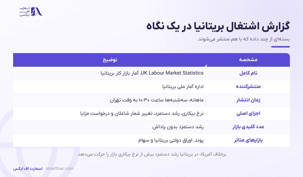 مشخصات گزارش اشتغال بریتانیا شامل منتشرکننده و اجزای آن