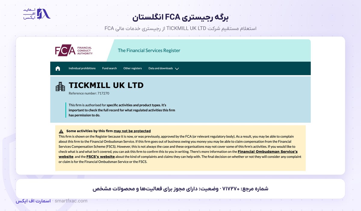 برگه رجیستری FCA انگلستان برای شرکت Tickmill UK Ltd با شماره مرجع ۷۱۷۲۷۰ بروکر تیک میل