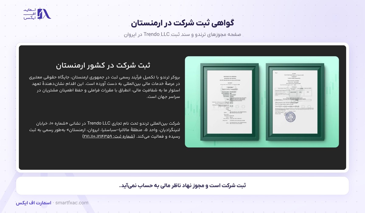 گواهی ثبت شرکت Trendo LLC در ارمنستان روی صفحه مجوزهای بروکر ترندو