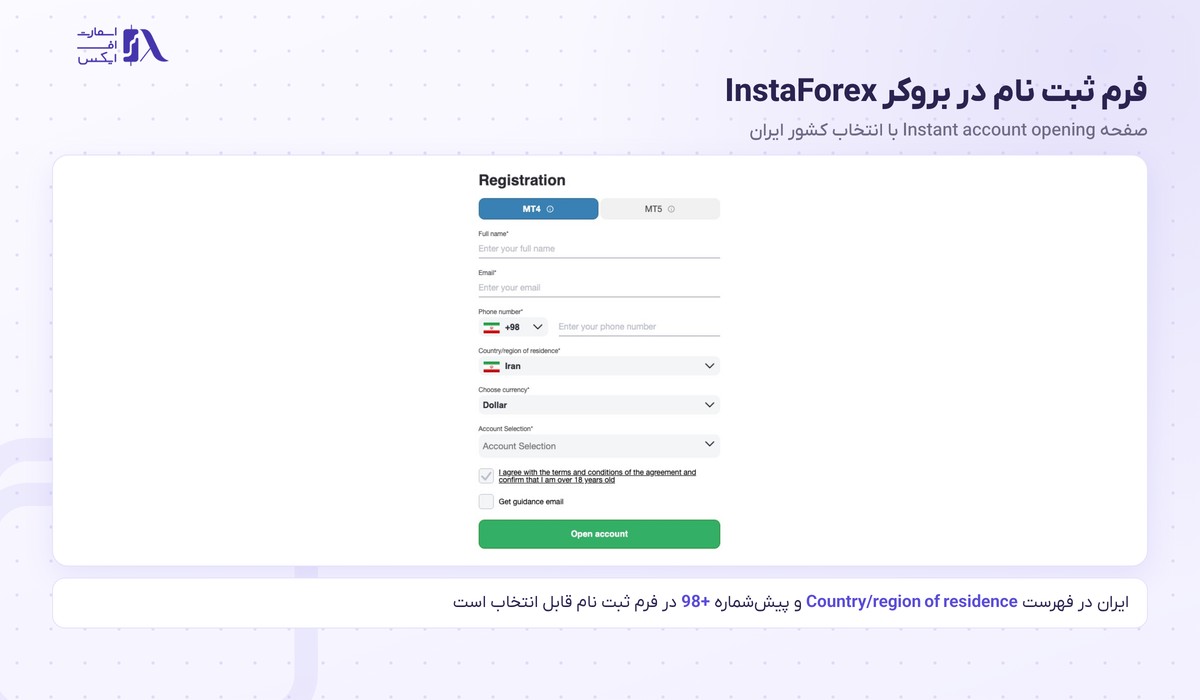 فرم ثبت نام در بروکر اینستافارکس با انتخاب ایران