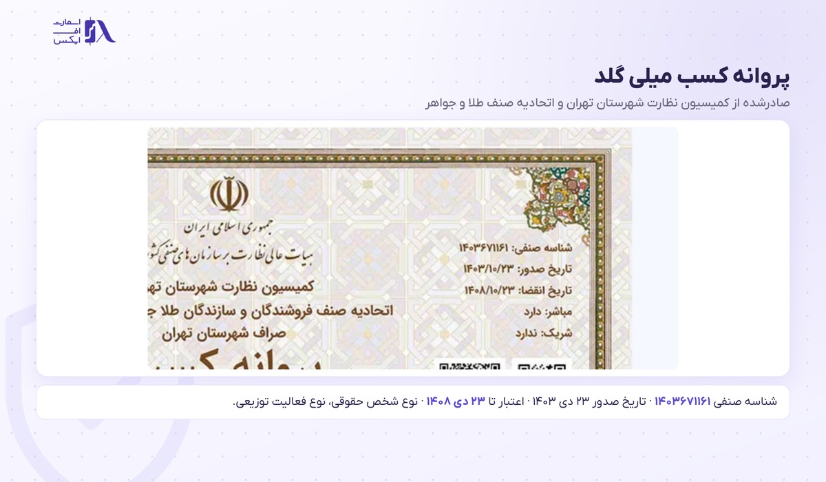 میلی گلد | (Milli Gold) 2 پروانه کسب میلی گلد از اتحادیه صنف طلا و جواهر تهران با شناسه صنفی و تاریخ اعتبار