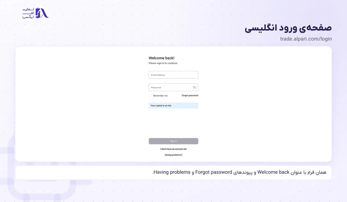 صفحه‌ی ورود انگلیسی آلپاری روی trade.alpari.com