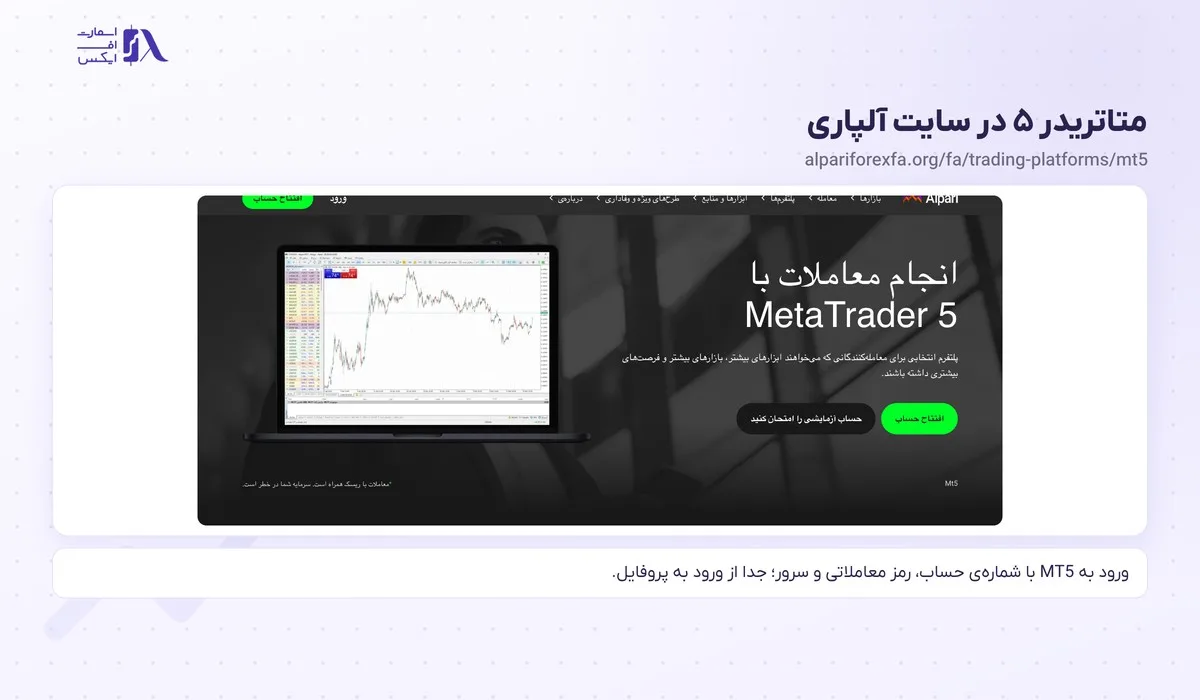 صفحه‌ی متاتریدر ۵ آلپاری برای ورود به حساب معاملاتی