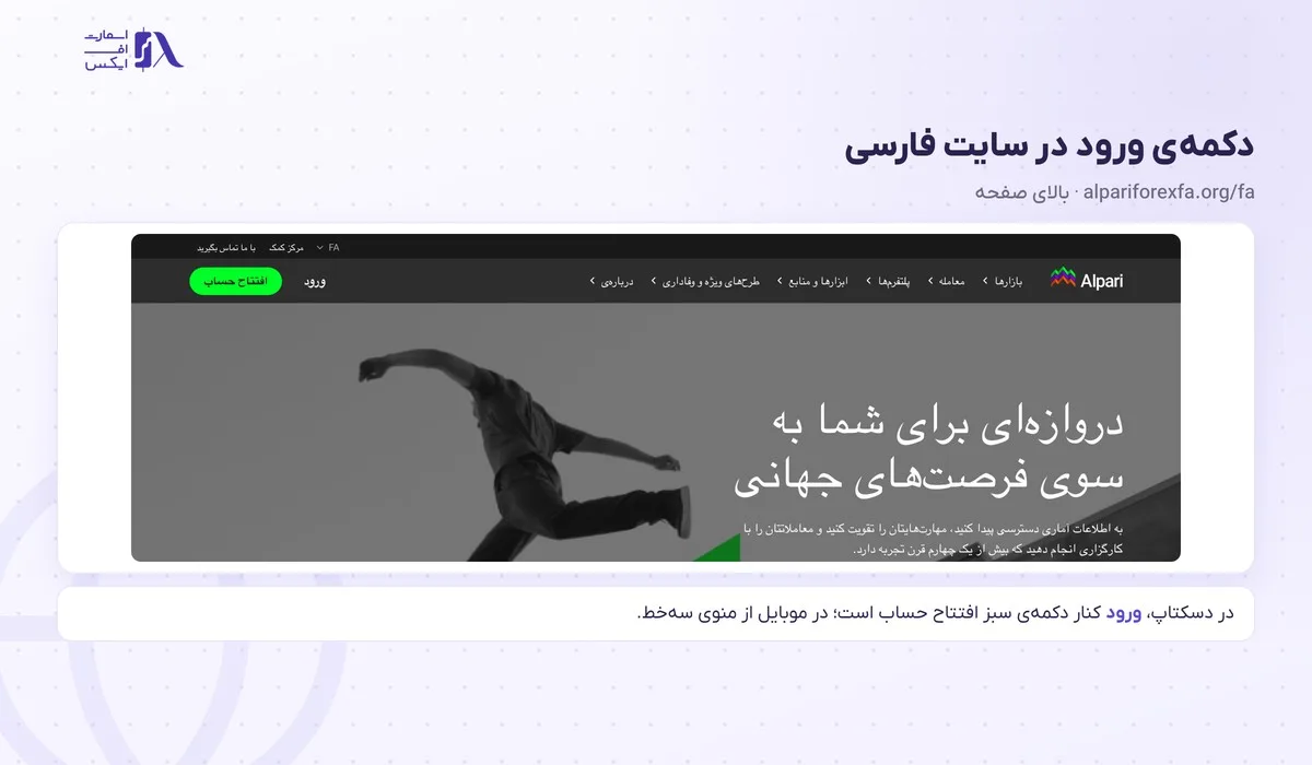 دکمه‌ی ورود به آلپاری بالای سایت فارسی