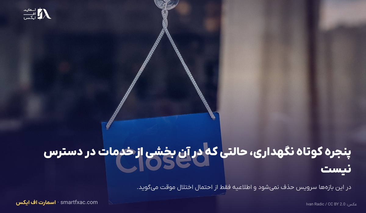 پنجره نگهداری کوتاه و حالتی که در آن بخشی از خدمات پس از به‌روزرسانی وب‌سایت در دسترس نیست
