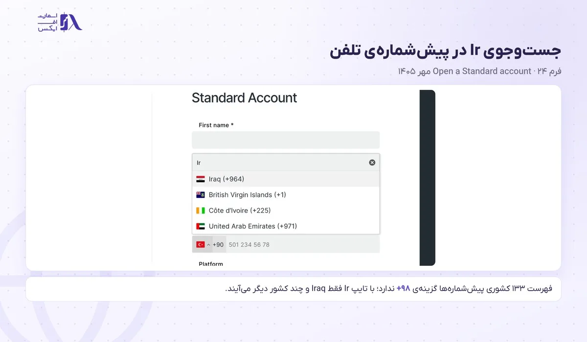 فهرست پیش‌شماره‌ی تلفن در فرم ثبت نام در بروکر آمارکتس بدون گزینه‌ی ایران