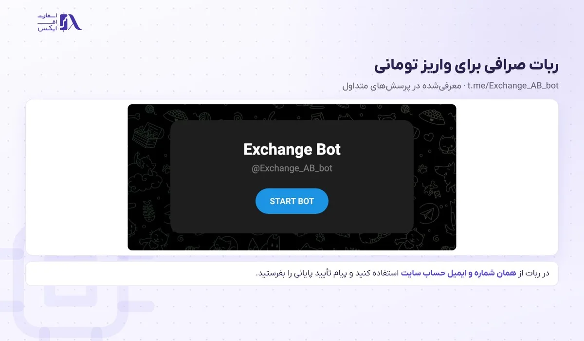 صفحه‌ی ربات تلگرامی صرافی که پرسش‌های متداول آرون گروپس برای واریز تومانی معرفی کرده