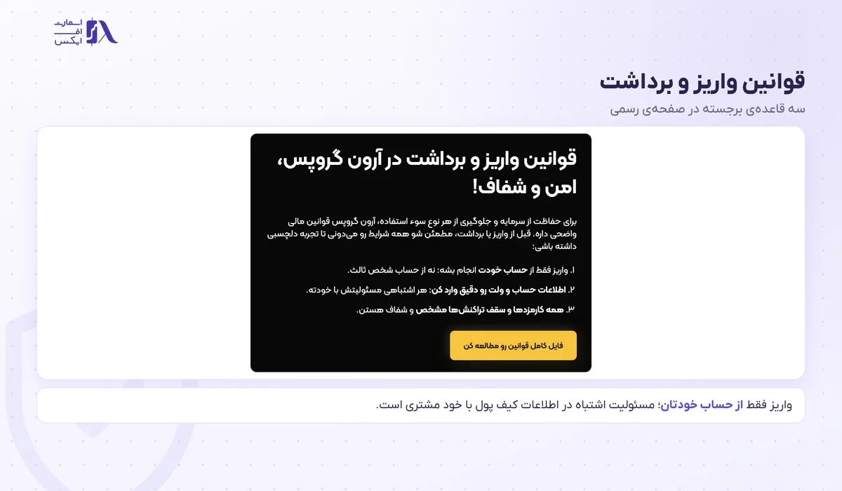 بخش قوانین واریز و برداشت در صفحه‌ی رسمی آرون گروپس