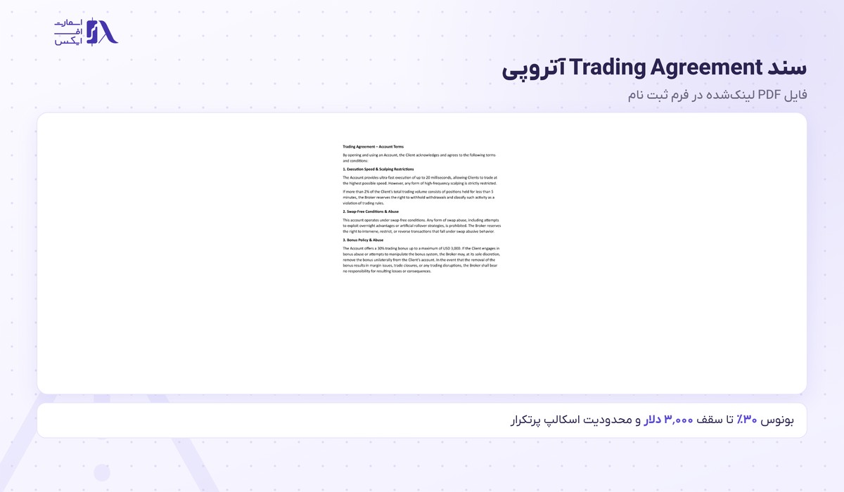 بروکر Atropi | (آتروپی) 8 سند Trading Agreement بروکر آتروپی با شرایط بونوس ۳۰ درصد