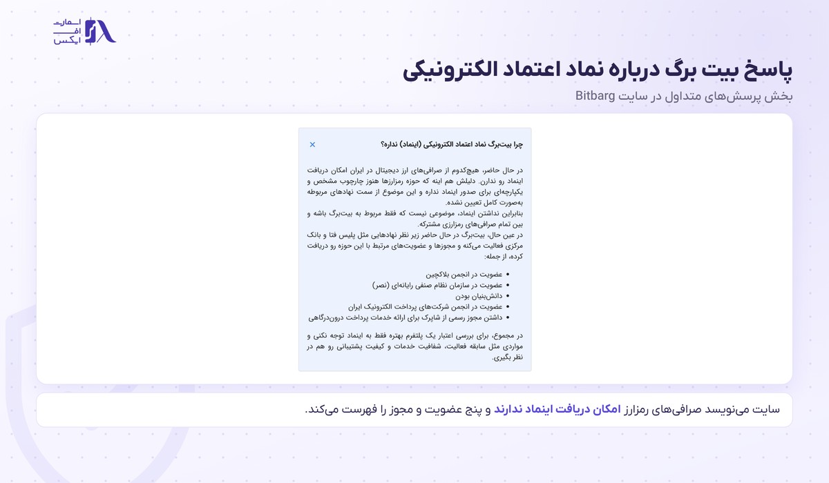 صرافی بیت برگ | (Bitbarg) 5 پاسخ سایت بیت برگ درباره نداشتن نماد اعتماد الکترونیکی اینماد