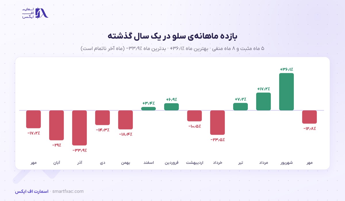 بازده ماهانه‌ی قیمت سلو در ۱۳ ماه گذشته