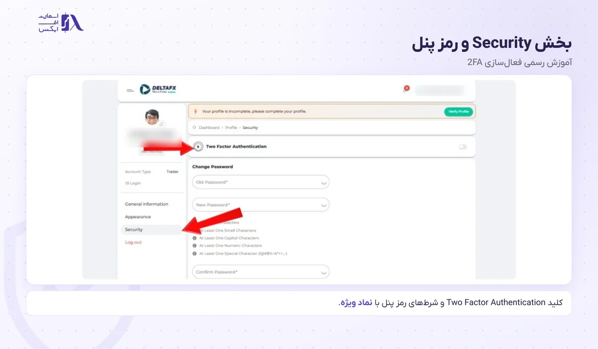 ورود به بروکر دلتا اف ایکس؛ پنل سی آر ام، ورود دو مرحلهای و متاتریدر 9 بخش Security پنل دلتا اف ایکس با کلید Two Factor Authentication