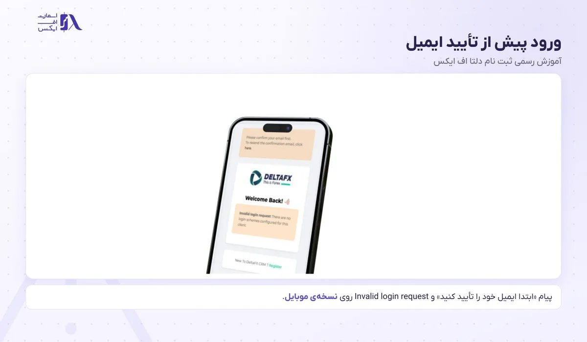 ورود به بروکر دلتا اف ایکس؛ پنل سی آر ام، ورود دو مرحلهای و متاتریدر 6 پیام تأیید ایمیل و خطای Invalid login request هنگام ورود به بروکر دلتا اف ایکس