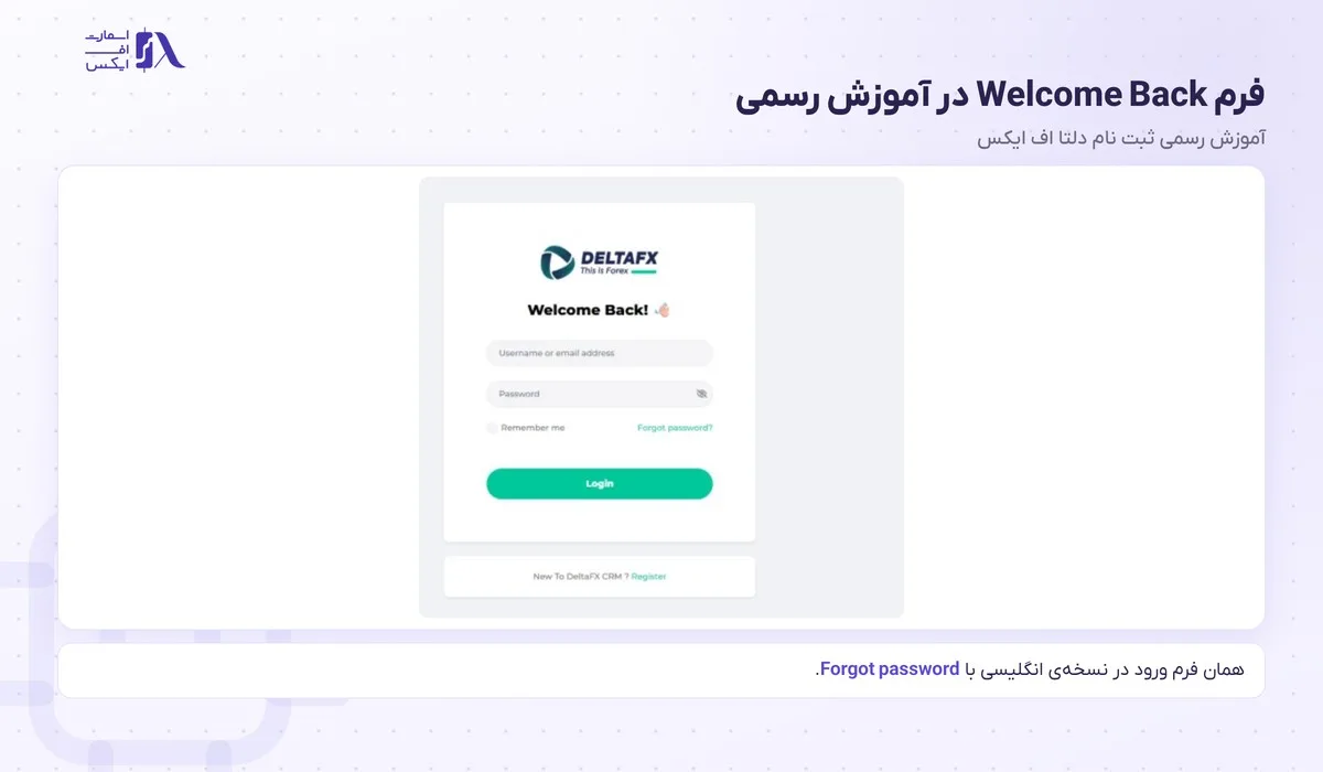 ورود به بروکر دلتا اف ایکس؛ پنل سی آر ام، ورود دو مرحلهای و متاتریدر 3 فرم Welcome Back برای ورود به بروکر دلتا اف ایکس در آموزش رسمی