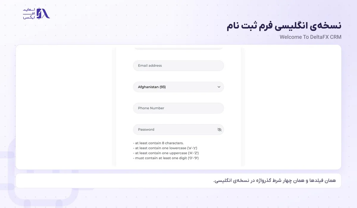 نسخه‌ی انگلیسی فرم ثبت نام دلتا اف ایکس با عنوان Welcome To DeltaFX CRM