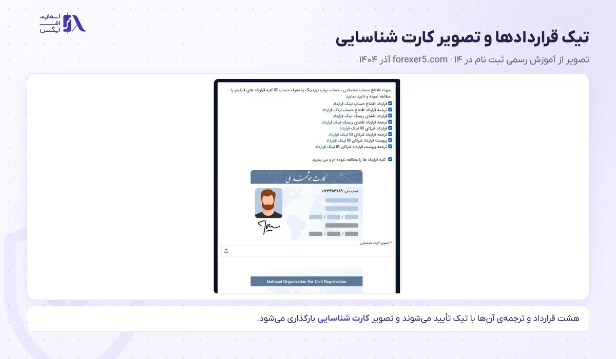 ثبت نام در بروکر فارکسر؛ آموزش گامبهگام و احراز هویت 15 تیک هشت قرارداد و بارگذاری تصویر کارت شناسایی در احراز هویت فارکسر