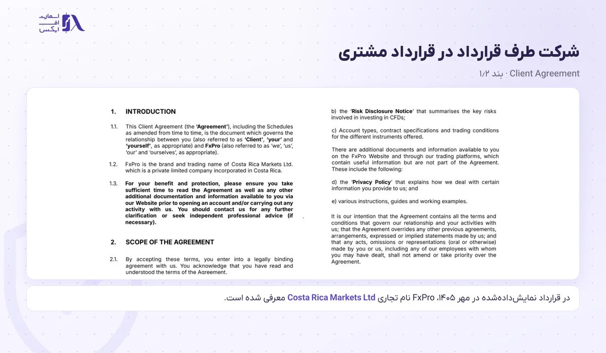 ثبت نام در بروکر اف ایکس پرو؛ آموزش گامبهگام، مدارک و وضعیت ایران 6 صفحهی اول قرارداد مشتری FxPro با نام شرکت Costa Rica Markets Ltd