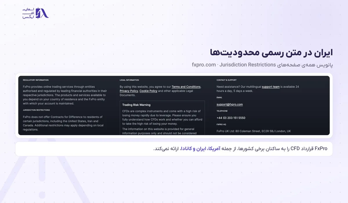 ثبت نام در بروکر اف ایکس پرو؛ آموزش گامبهگام، مدارک و وضعیت ایران 1 پانویس سایت fxpro.com با عنوان Jurisdiction Restrictions و نام ایران