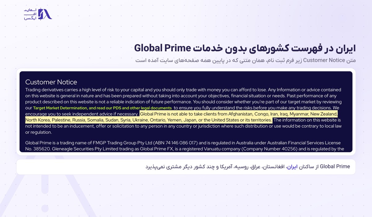 بروکر Global Prime | (گلوبال پرایم) 2 بند کشورهای محدود Global Prime با نام ایران زیر فرم ثبت نام