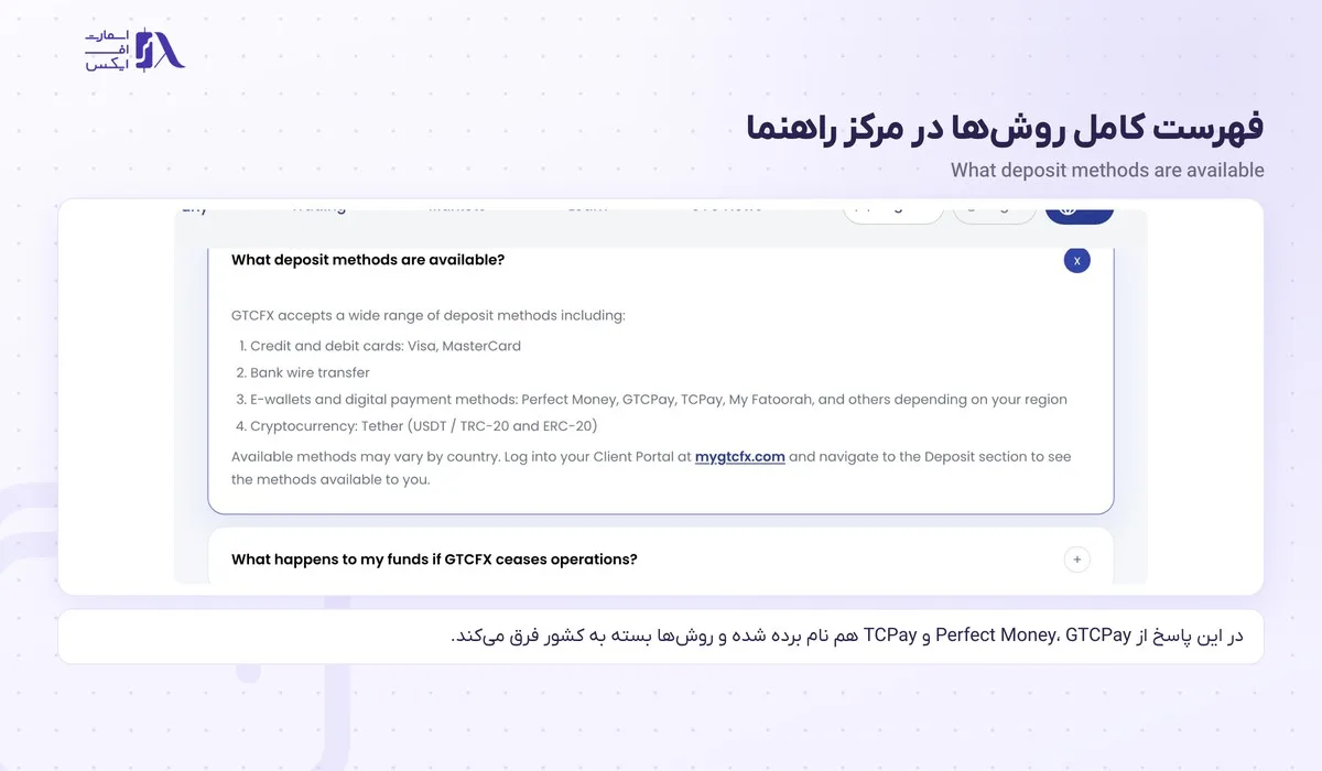 فهرست کامل روش‌های واریز به بروکر gtc در مرکز راهنما