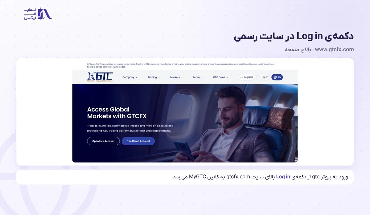 ورود به بروکر gtc؛ سایت اصلی، کابین، اپلیکیشن GTC Go و متاتریدر 1 دکمهی Log in برای ورود به بروکر gtc در بالای سایت gtcfx.com
