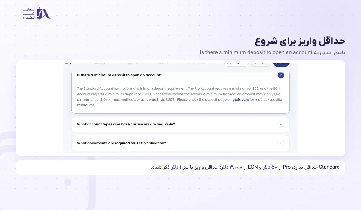 پاسخ مرکز راهنما درباره‌ی حداقل واریز پس از ثبت نام بروکر جی تی سی