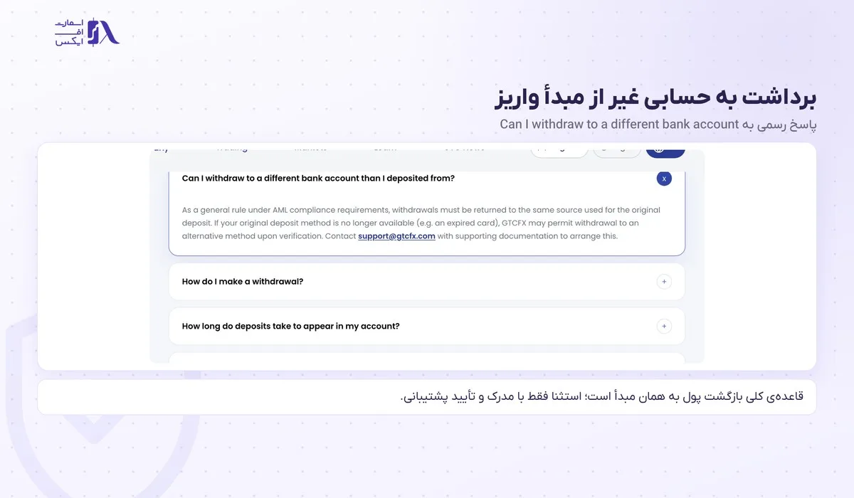 پاسخ رسمی درباره‌ی برداشت از بروکر gtc به حسابی غیر از مبدأ واریز