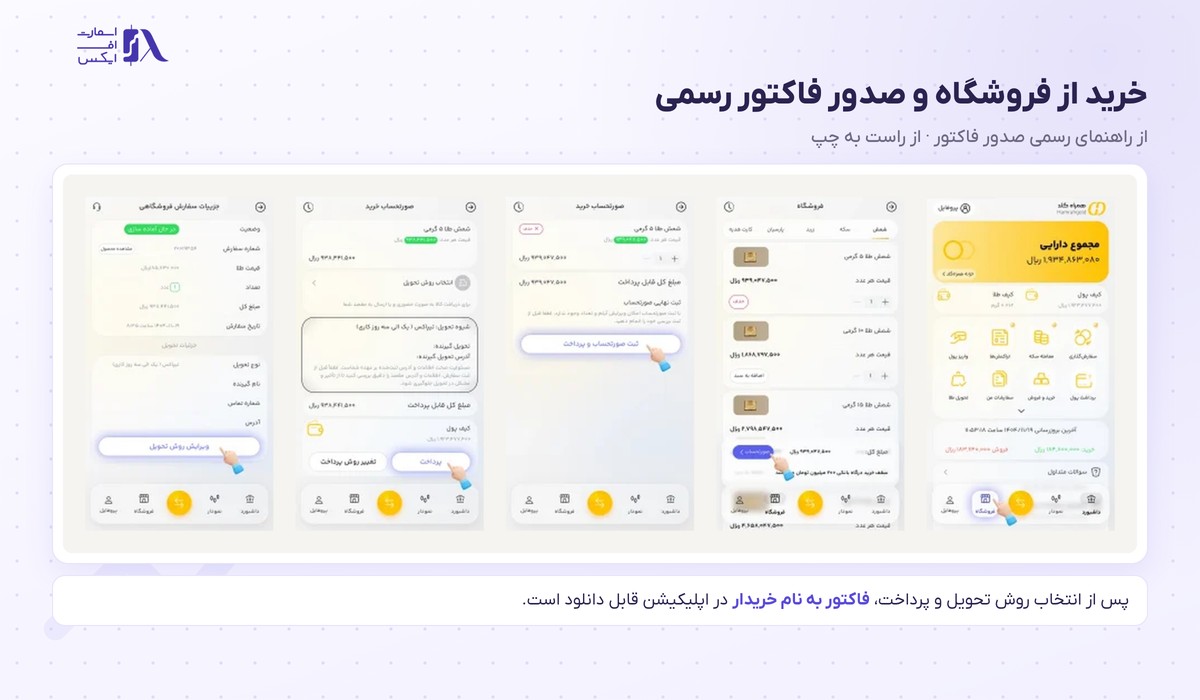 مراحل خرید شمش از فروشگاه اپلیکیشن و ثبت صورت‌حساب