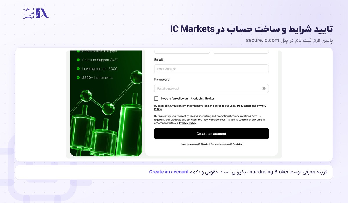 بروکر IC Markets | (آی سی مارکتس) 18 پذیرش اسناد حقوقی و دکمه Create an account در ثبت نام IC Markets