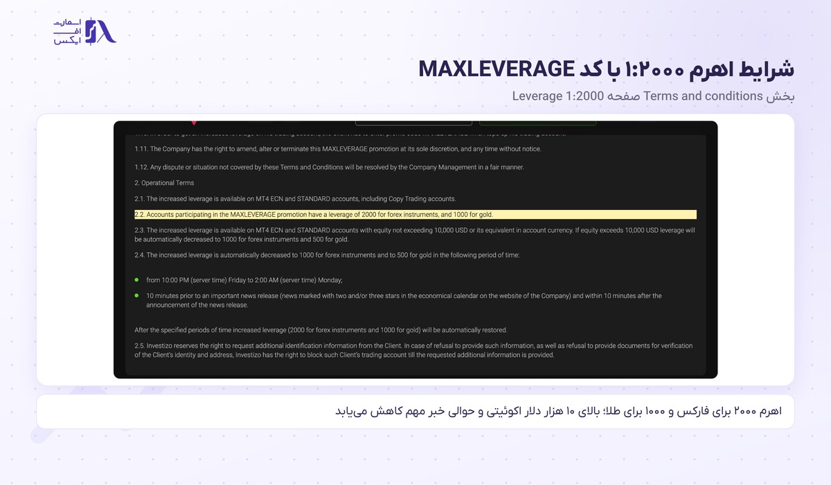 بروکر Investizo | (اینوستیزو) 7 شرایط اهرم ۱:۲۰۰۰ با کد MAXLEVERAGE در بروکر Investizo