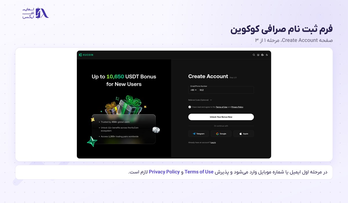 فرم ثبت نام در صرافی کوکوین با ایمیل یا شماره موبایل