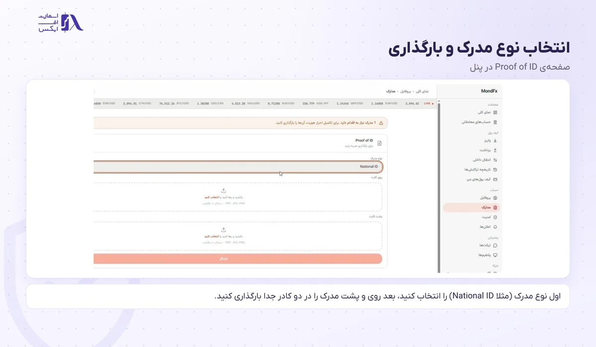 انتخاب نوع مدرک و دو کادر بارگذاری روی و پشت کارت در پنل موند اف ایکس