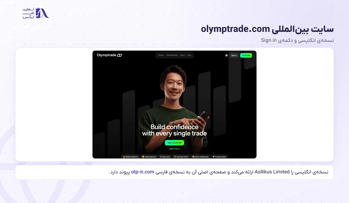 صفحه‌ی اصلی سایت بین‌المللی olymptrade.com و دکمه‌ی Sign in