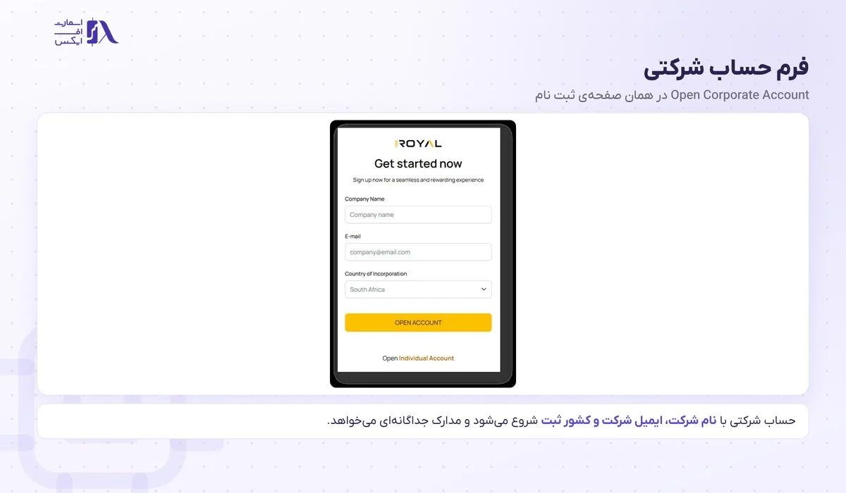 فرم ثبت نام حساب شرکتی وان رویال با نام شرکت و کشور ثبت