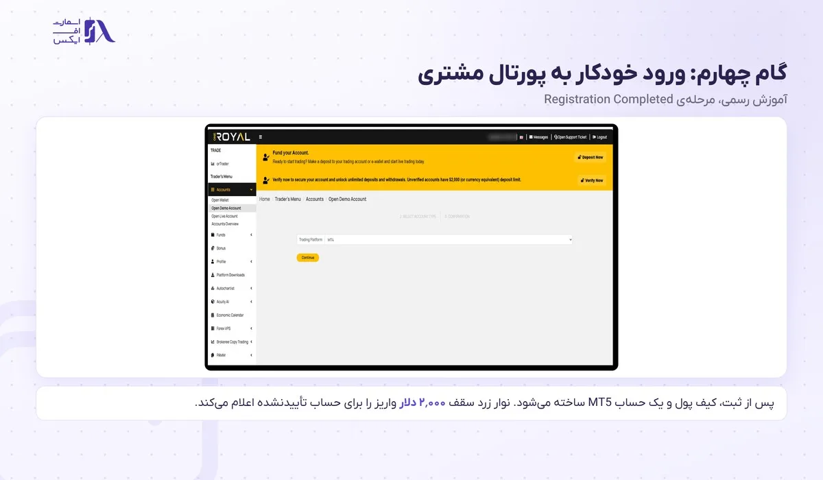 پورتال مشتری وان رویال پس از ثبت نام با پیام سقف ۲٬۰۰۰ دلار برای حساب تأییدنشده