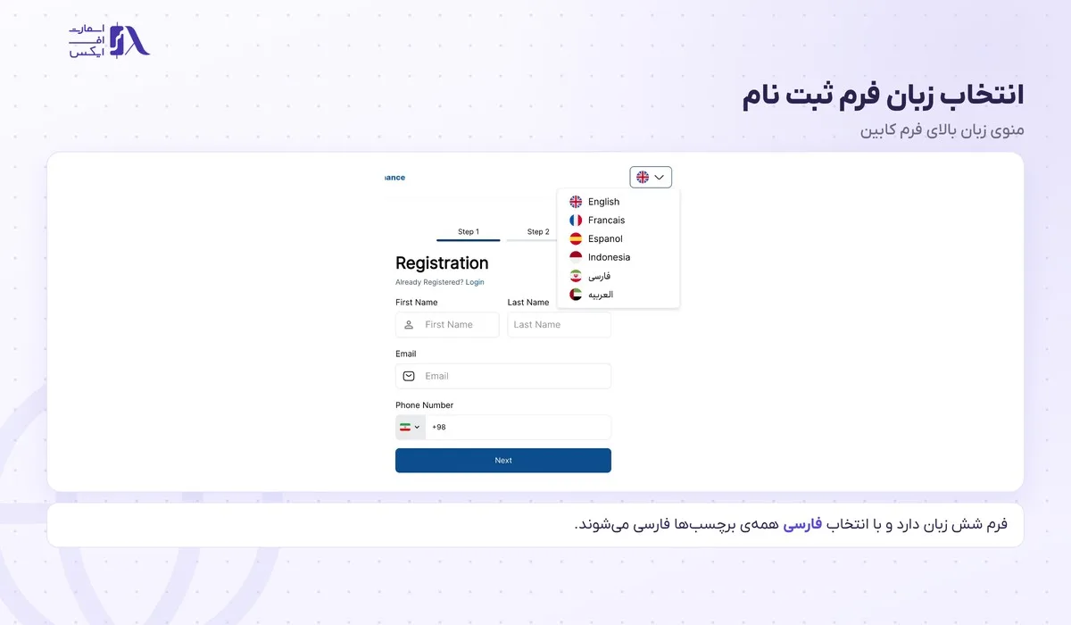 ثبت نام در بروکر اوپو فایننس؛ آموزش گامبهگام با تصویر و احراز هویت 2 منوی زبان فرم ثبت نام اوپو فایننس با گزینهی فارسی