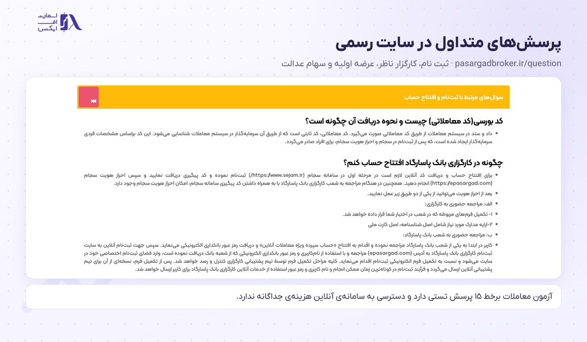 صفحه پرسش‌های متداول سایت رسمی درباره ثبت نام و افتتاح حساب
