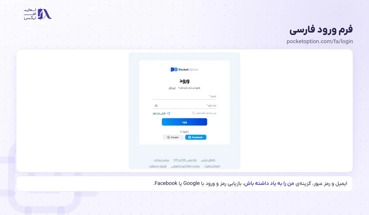 ورود به پاکت آپشن؛ سایت رسمی، اپلیکیشن، بازیابی رمز و پشتیبانی 4 فرم فارسی ورود به پاکت آپشن با ایمیل، رمز عبور و ورود با Google