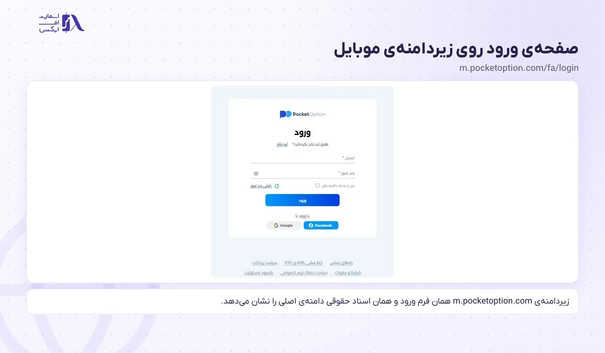 ورود به پاکت آپشن؛ سایت رسمی، اپلیکیشن، بازیابی رمز و پشتیبانی 13 صفحهی ورود به پاکت آپشن روی زیردامنهی m.pocketoption.com