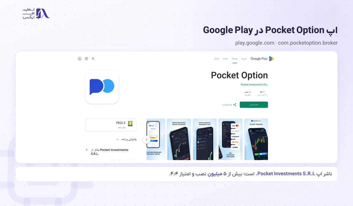 ورود به پاکت آپشن؛ سایت رسمی، اپلیکیشن، بازیابی رمز و پشتیبانی 10 صفحهی اپ Pocket Option در Google Play برای ورود به پاکت آپشن از اندروید