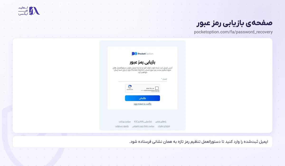 ورود به پاکت آپشن؛ سایت رسمی، اپلیکیشن، بازیابی رمز و پشتیبانی 7 صفحهی بازیابی رمز عبور برای ورود به پاکت آپشن