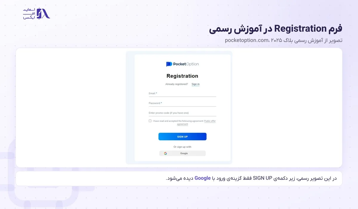 ثبت نام در پاکت آپشن؛ آموزش گامبهگام با تصویر و احراز هویت 5 فرم Registration در آموزش رسمی پاکت آپشن با گزینهی ثبتنام از طریق Google