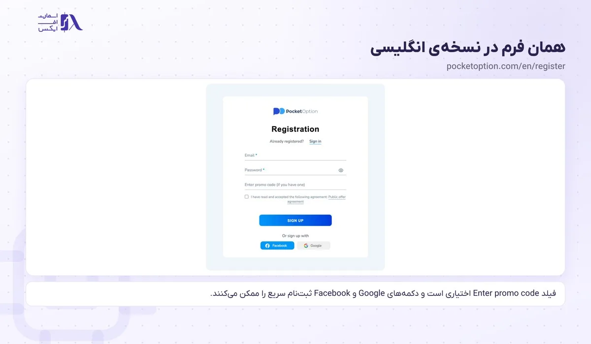 ثبت نام در پاکت آپشن؛ آموزش گامبهگام با تصویر و احراز هویت 3 فرم انگلیسی Registration برای ثبت نام در پاکت آپشن با فیلد Enter promo code