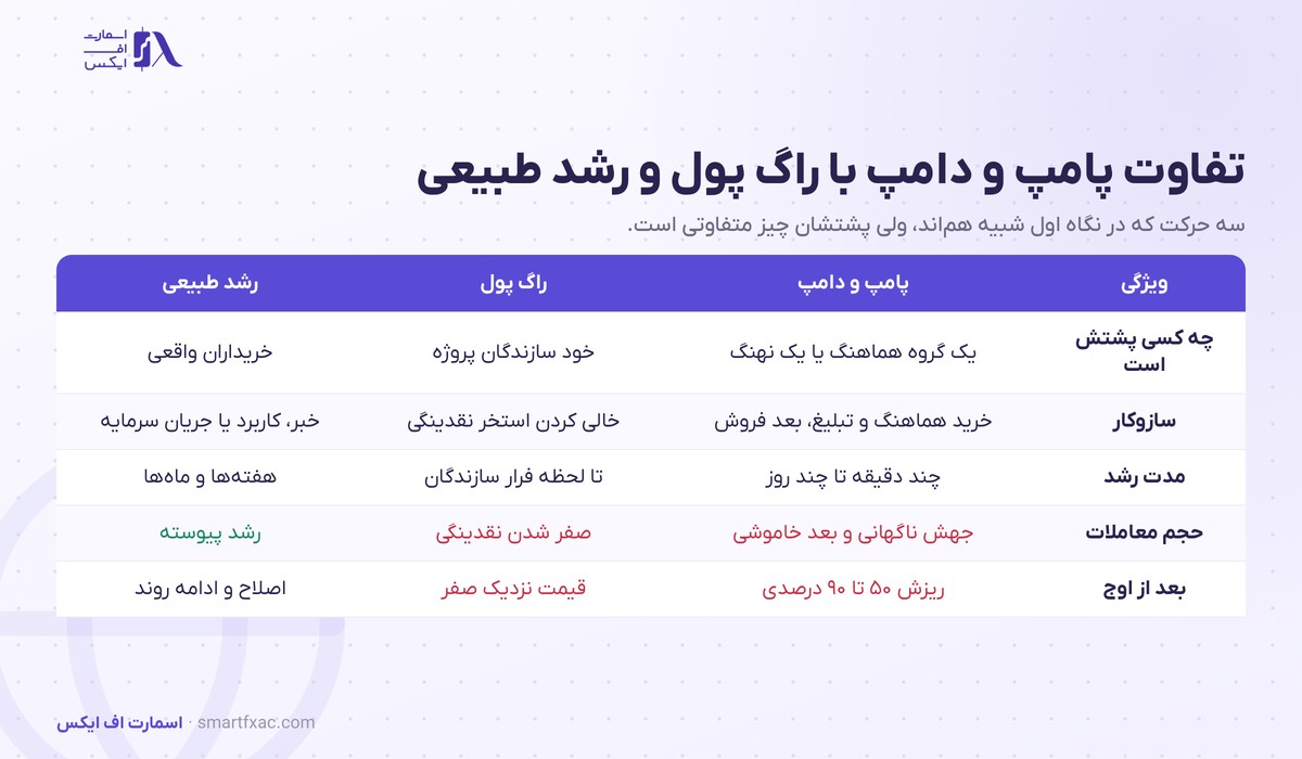 پامپ و دامپ چیست؟ | ۵ مرحله، مثال عددی و ۶ نشانه هشدار 4 جدول تفاوت پامپ و دامپ با راگ پول و رشد طبیعی قیمت