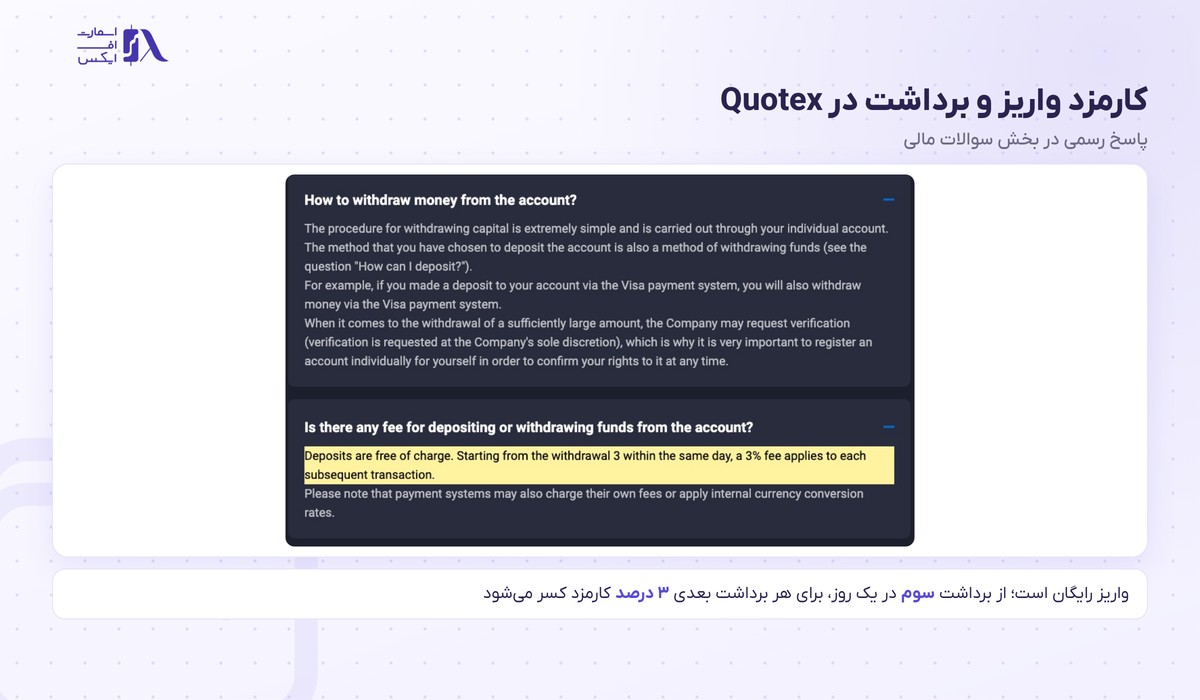 بروکر Quotex | (کوتکس) 10 کارمزد ۳ درصدی برداشت در بخش سوالات مالی بروکر Quotex