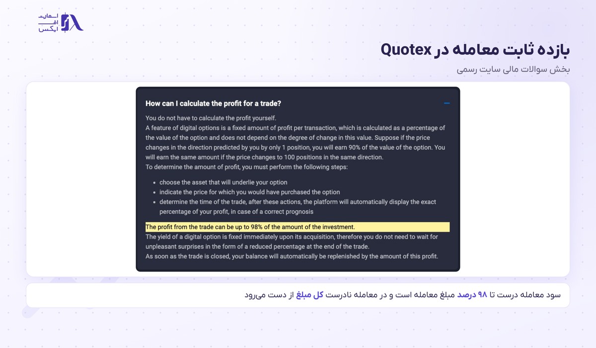 بروکر Quotex | (کوتکس) 6 بازده ثابت تا ۹۸ درصد در بخش سوالات مالی بروکر کوتکس